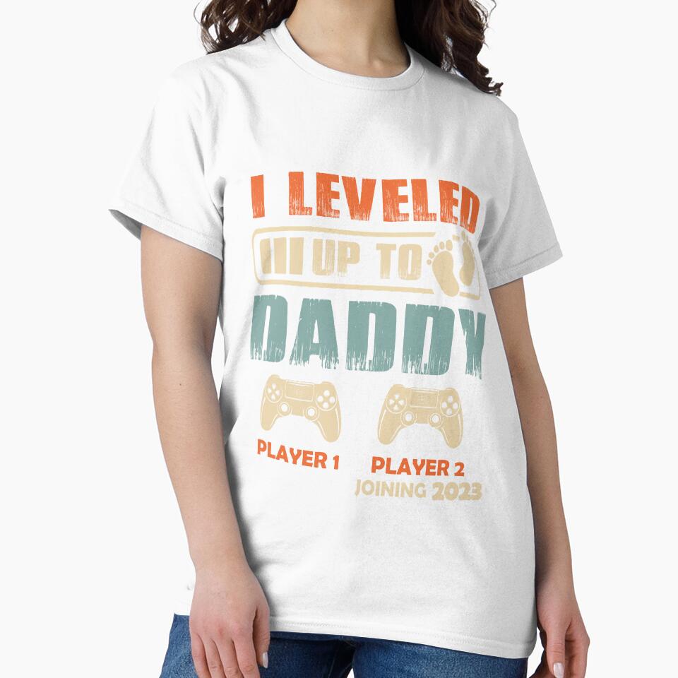 I leveled up to Daddy Pregnancy Reveal 2023 Dad Gamer Shirt by Lala35