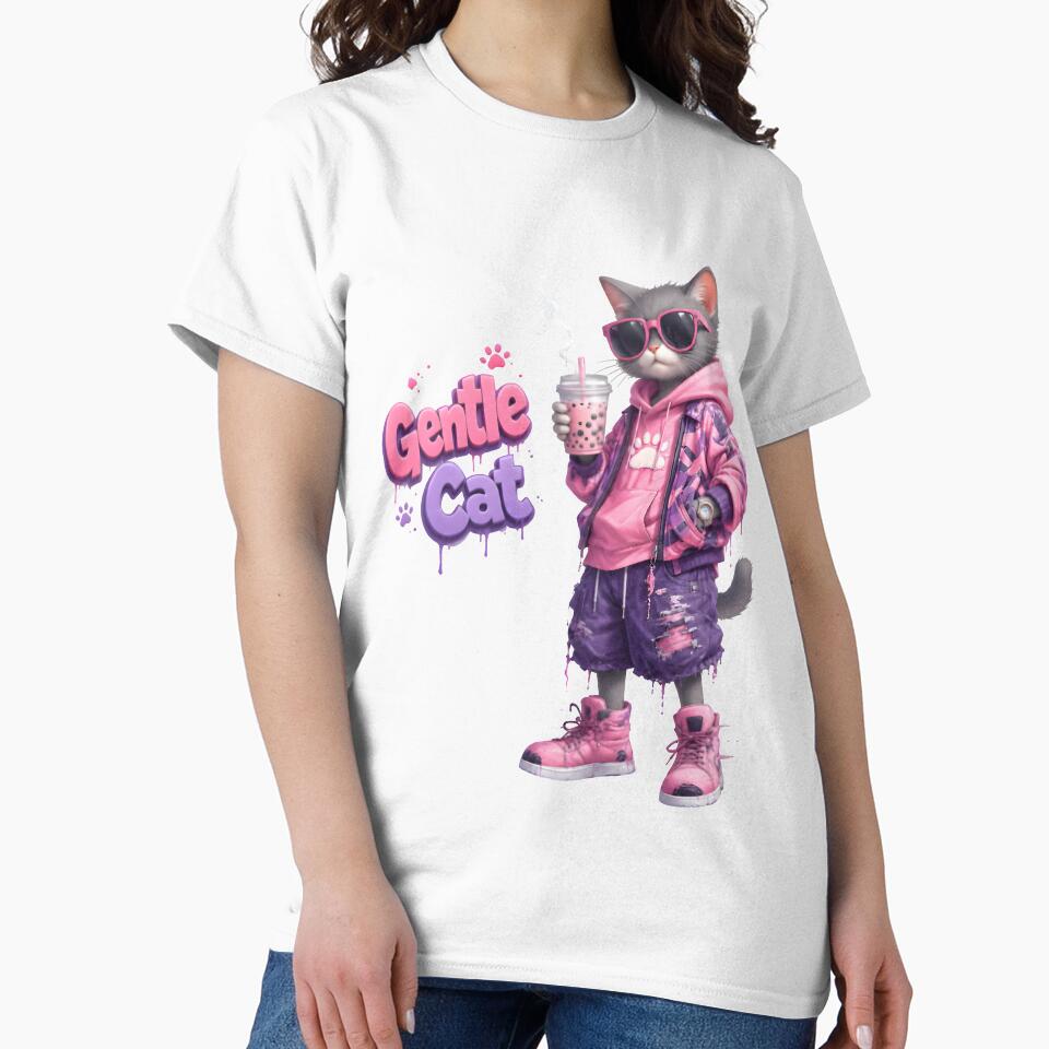 Gentle Cat Pink Purple Streetwear Cartoon | Cute Urban Cat Drinking Bubble Tea | Kawaii Graffiti Style Illustration by Gentle Cat Store
