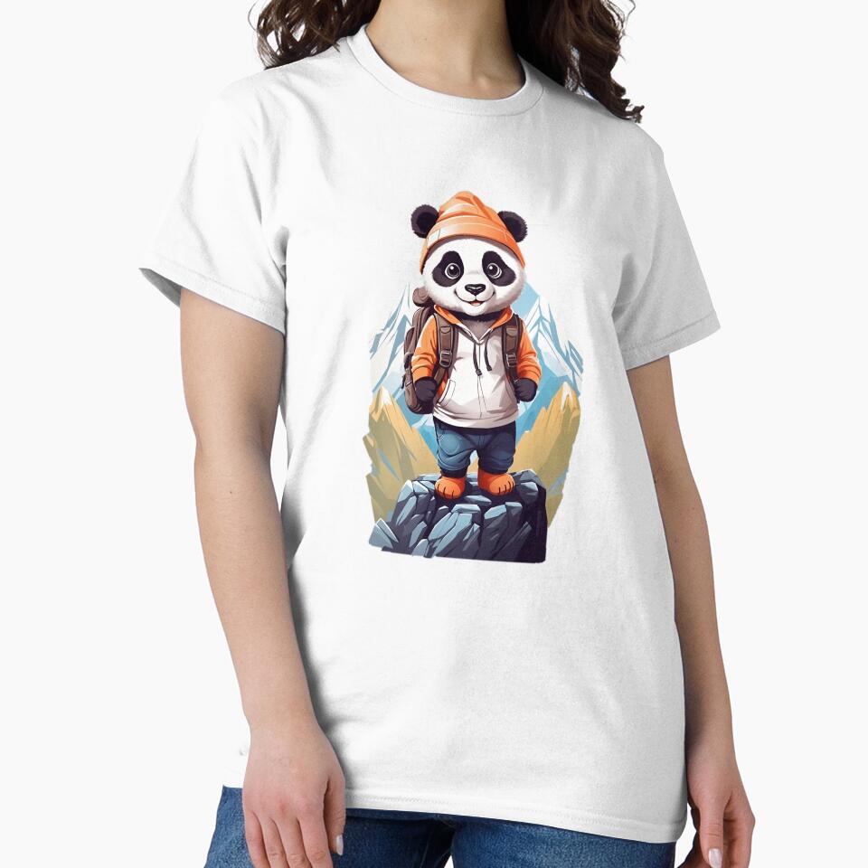 Sweet smiling young panda cub hiking in the mountains cartoon comic graphic for kids by CedricNorbinho