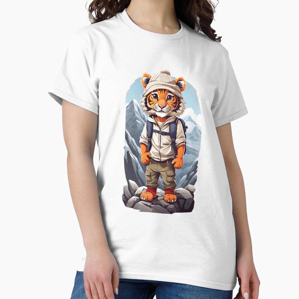 Young smiling tiger cub adventurer hiking in the mountains cartoon comic art for kids by CedricNorbinho
