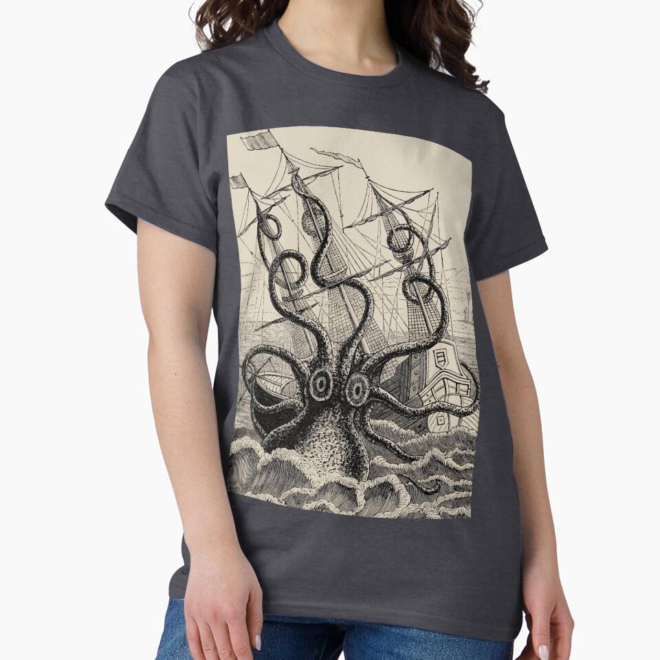 Vintage Kraken attacking ship illustration by monsterplanet