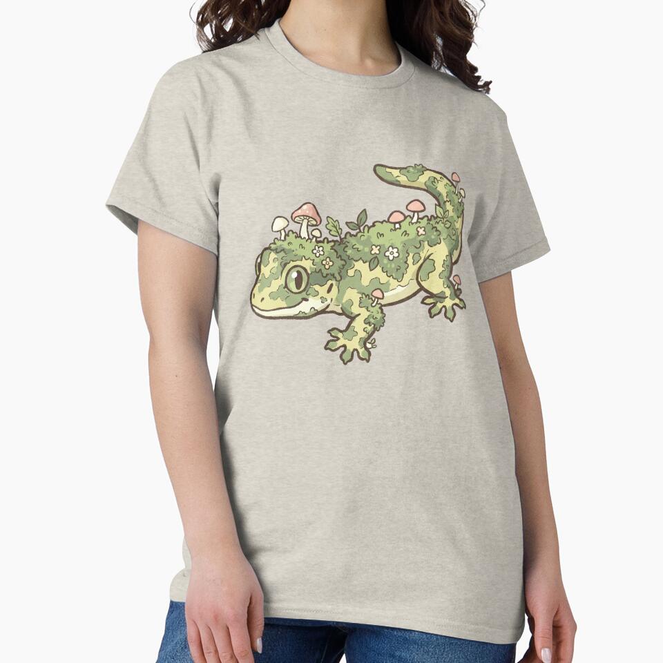 Mossy Gecko with Mushrooms, Cute Cottagecore Lizard Botanical Illustration by Magnificent Lizard