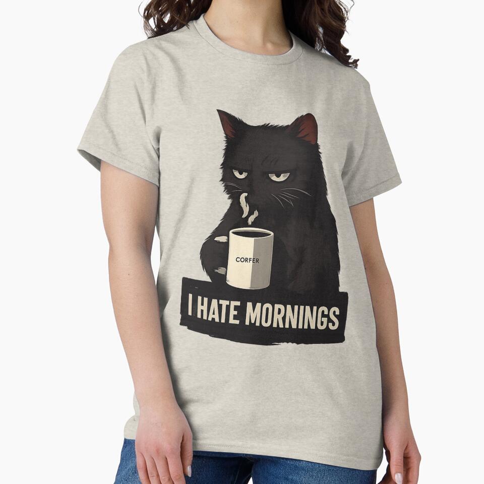Grumpy Black Cat Coffee – I Hate Mornings Funny Cat Quote Design by MonaRose_Art