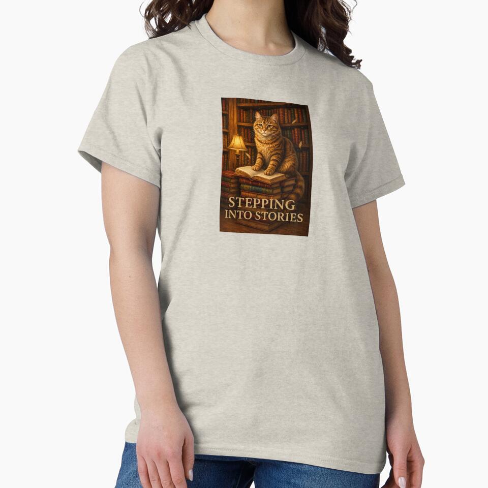 Stepping Into Stories – Cozy Library Cat Reading Art by Novel Works Studio