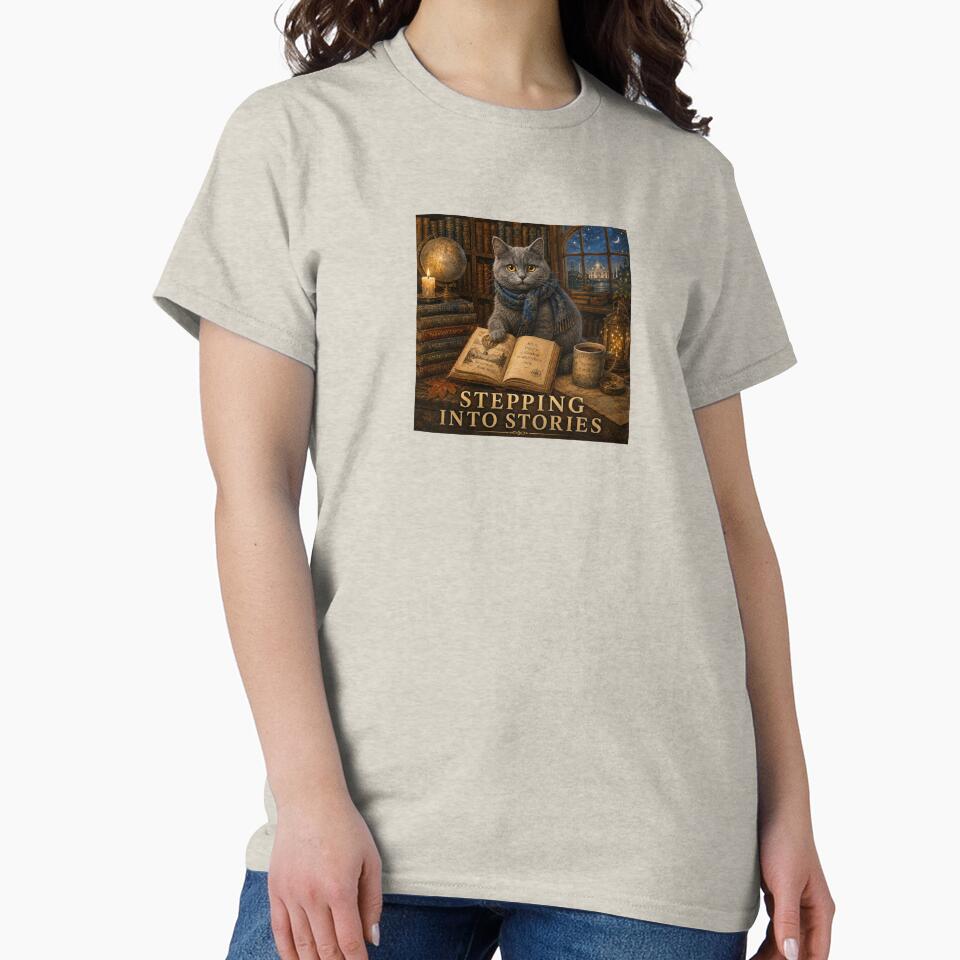 Stepping Into Stories – Cozy Reading Cat Fantasy Library Art by Novel Works Studio