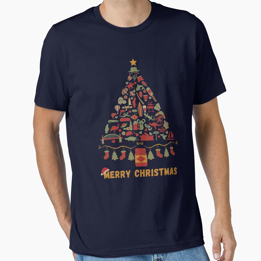 Merry Christmas Australia | Australian Christmas Tree Made Up of Icons/Symbols  (in Vintage Xmas Colors, also available in Bright Colors) by InkItStudio