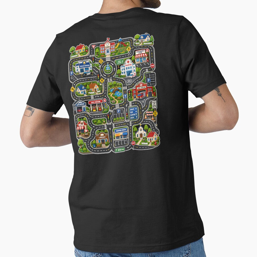 Play Cars on Dad’s Back ( on the back)  Father’s Day Gift Shirt, Dad’s Birthday T-Shirt, Play Mat Race Track Shirt for Dads, Tired Dads Club Interactive by THREE LITTLE BEANS