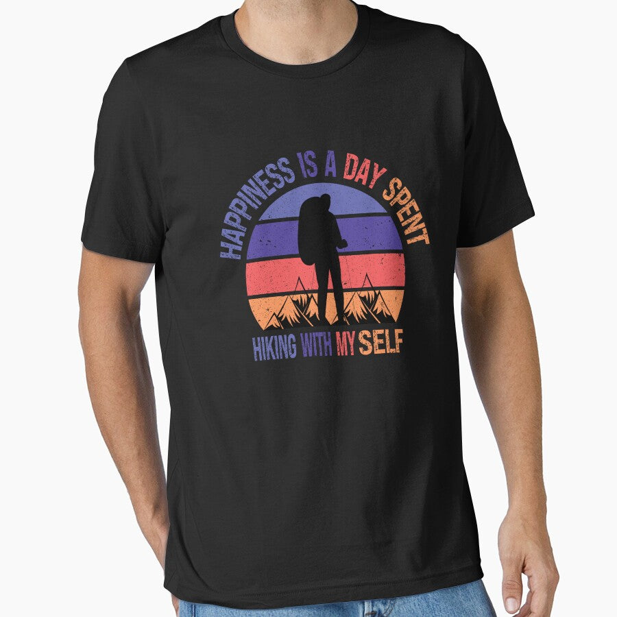 Happiness Is A Day Spent Hiking With My Self Funny Colorful Retro Vintage Sunset Distressed Hiking Lovers Male Gift by pedrored369