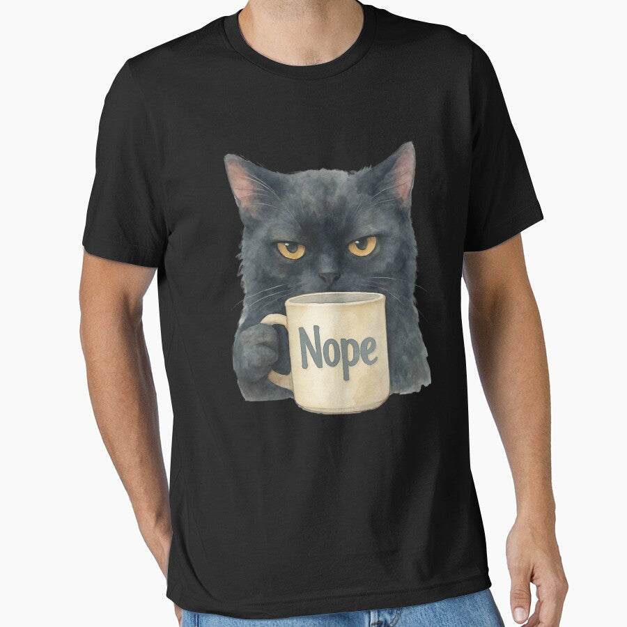 Black Cat Holding a Mug That Says Nope – Funny Whimsical Cat Art by baggycatsworld