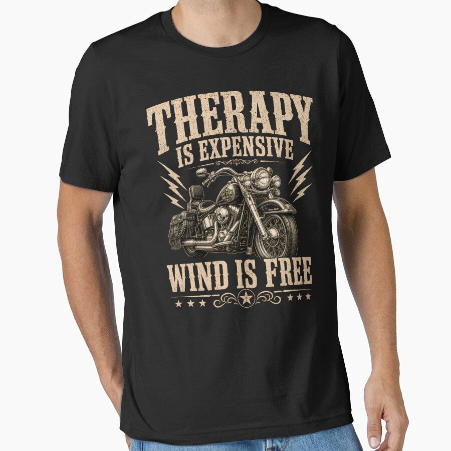 Therapy Is Expensive Wind Is Free Shirt, Funny Motorcycle Tee, Biker Humor Gift for Men, Rider Dad by THREE LITTLE BEANS