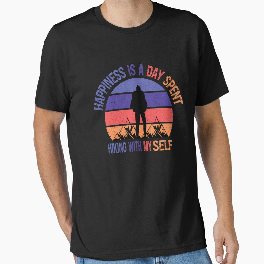 Happiness Is A Day Spent Hiking With My Self Funny Colorful Retro Vintage Sunset Distressed Hiking Lovers Female Gift by pedrored369