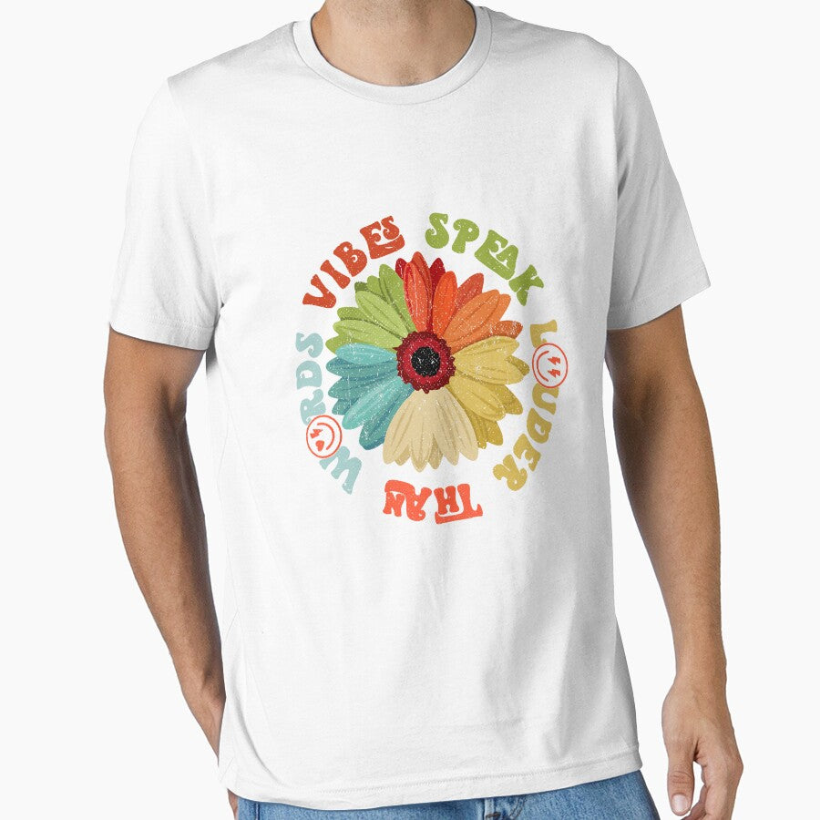 VIBES SPEAK LOUDER THAN WORDS - Flower Power - features text, colourful flower and smiley faces by The-Funny-Shop