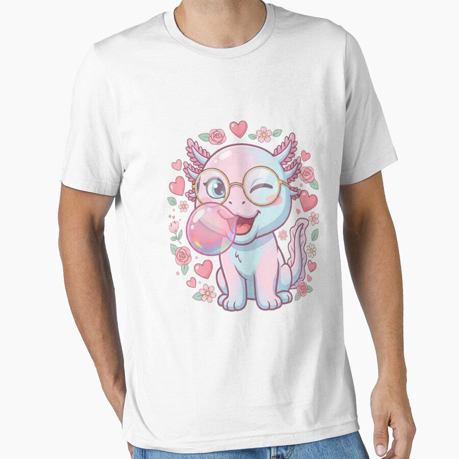 Funny Axolotl Blowing Pink Bubble Gum Kawaii Girly Hearts & Flowers Aesthetic Design by bilal sibgui