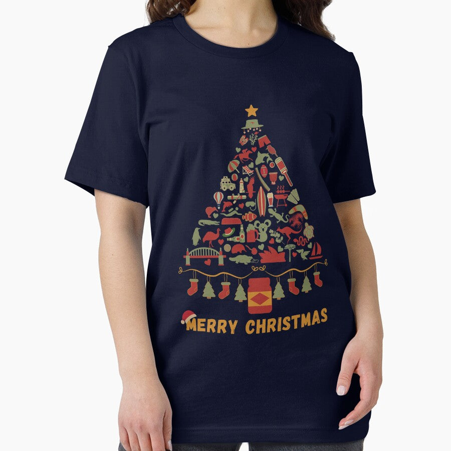 Merry Christmas Australia | Australian Christmas Tree Made Up of Icons/Symbols  (in Vintage Xmas Colors, also available in Bright Colors) by InkItStudio