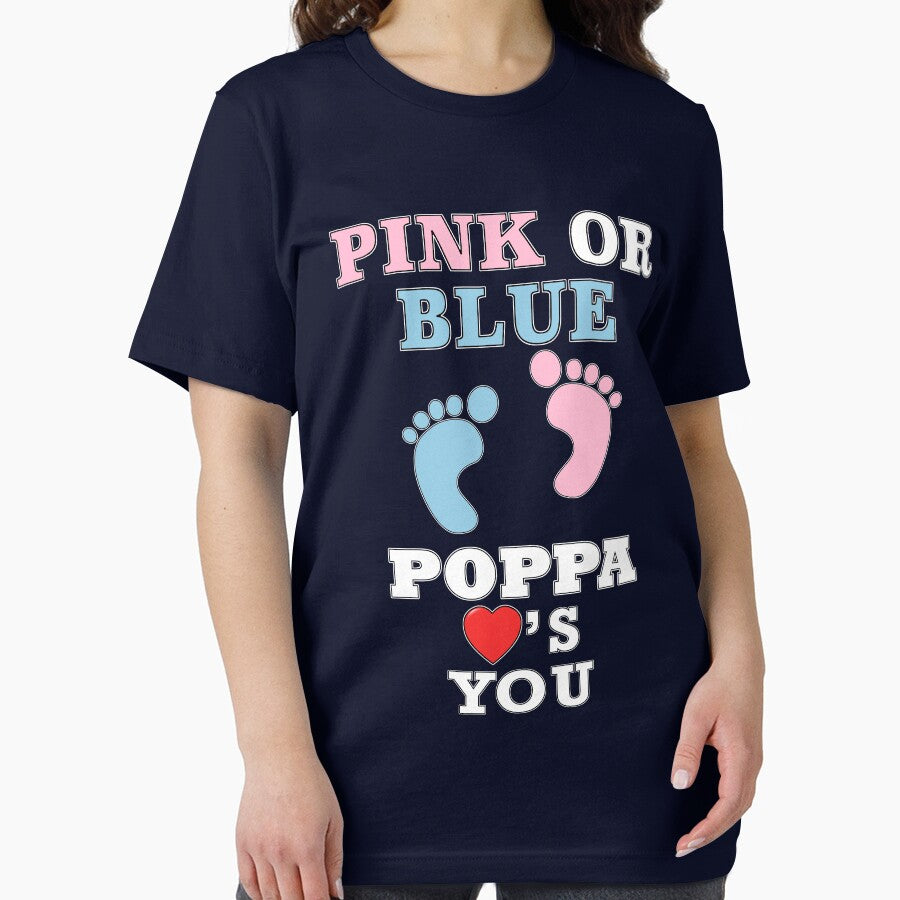 Pink Or Blue Poppa Loves You Baby Shower Heart Gender Reveal Party Mens Womens T Shirt You Baby Shower Gender Reveal Party Mens Womens T Shirt Funny Cute Gift by arcadetoystore