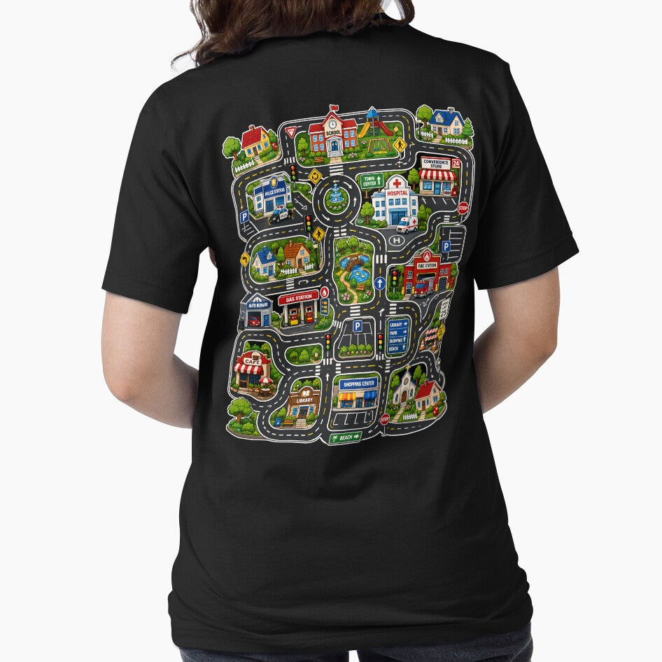 Play Cars on Dad’s Back ( on the back)  Father’s Day Gift Shirt, Dad’s Birthday T-Shirt, Play Mat Race Track Shirt for Dads, Tired Dads Club Interactive by THREE LITTLE BEANS
