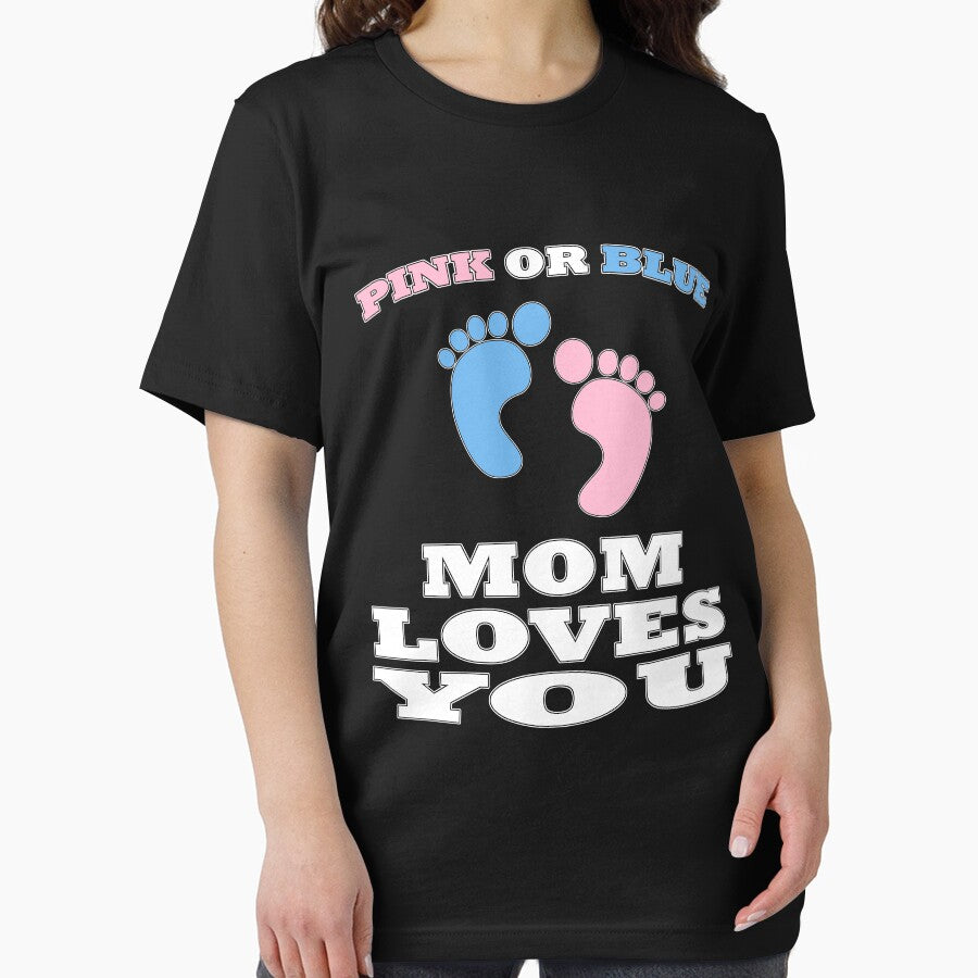 Pink Or Blue Mom Loves You Gender Reveal Baby Shower T Shirt by arcadetoystore