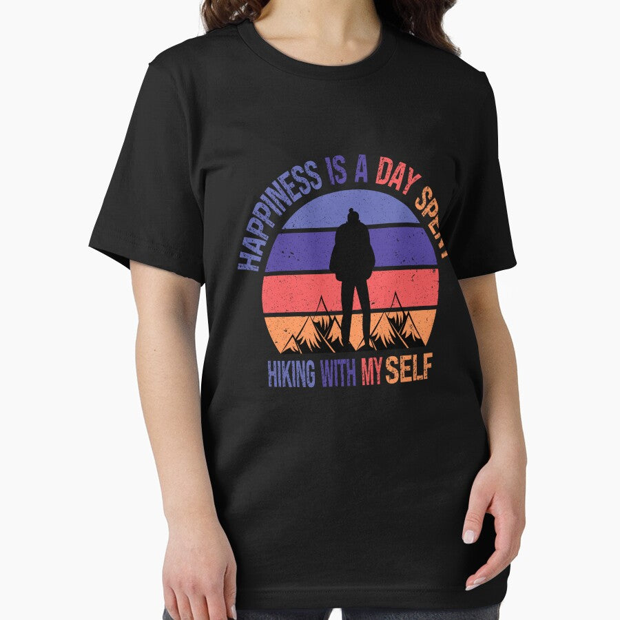 Happiness Is A Day Spent Hiking With My Self Funny Colorful Retro Vintage Sunset Distressed Hiking Lovers Female Gift by pedrored369