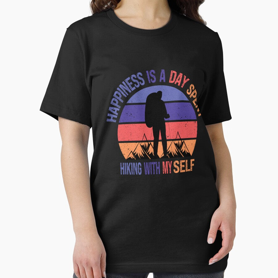 Happiness Is A Day Spent Hiking With My Self Funny Colorful Retro Vintage Sunset Distressed Hiking Lovers Male Gift by pedrored369
