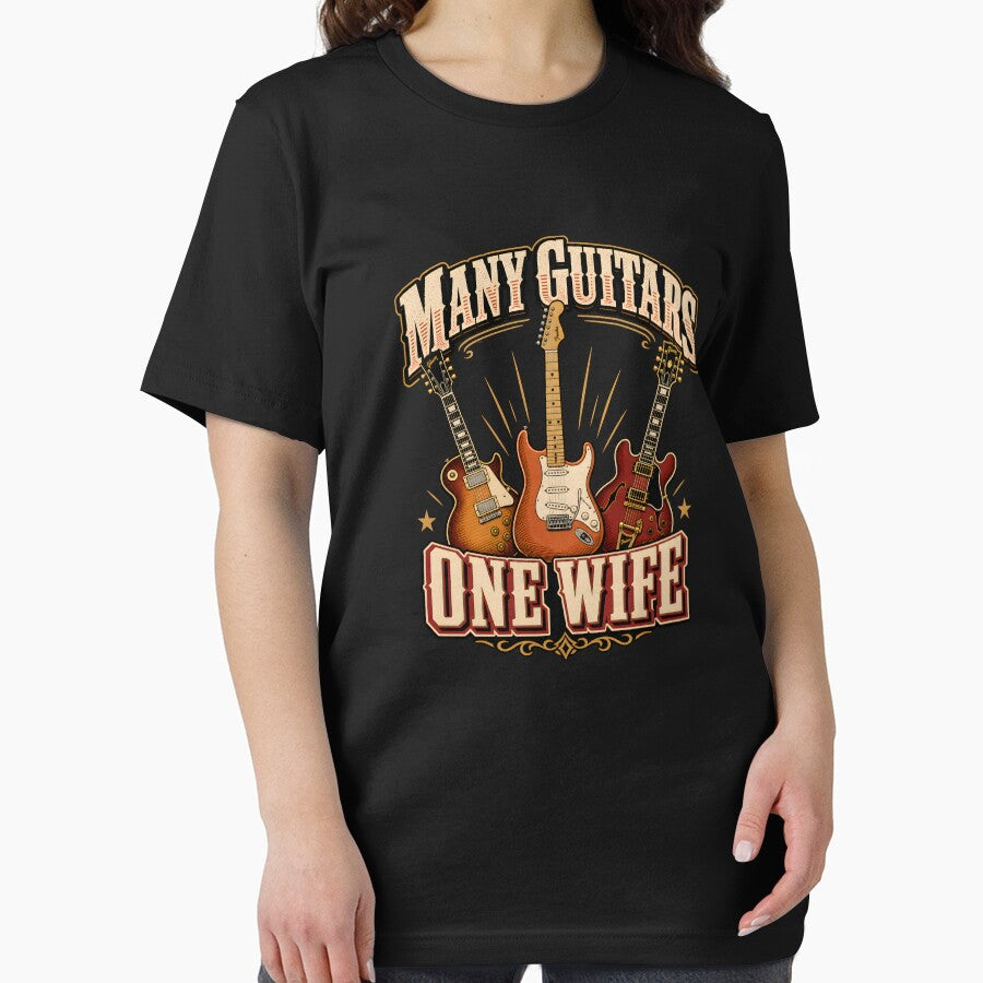 Many Guitars One Wife , T-Shirt Guitar Player Shirt by Hannah  Pillic