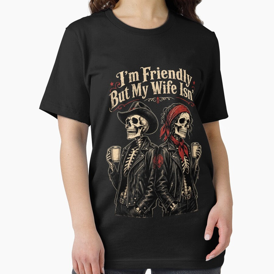 I'm Friendly But My Wife Isn't Funny Skeleton Couple Coffee Vintage Halloween by CF_VintageDesign