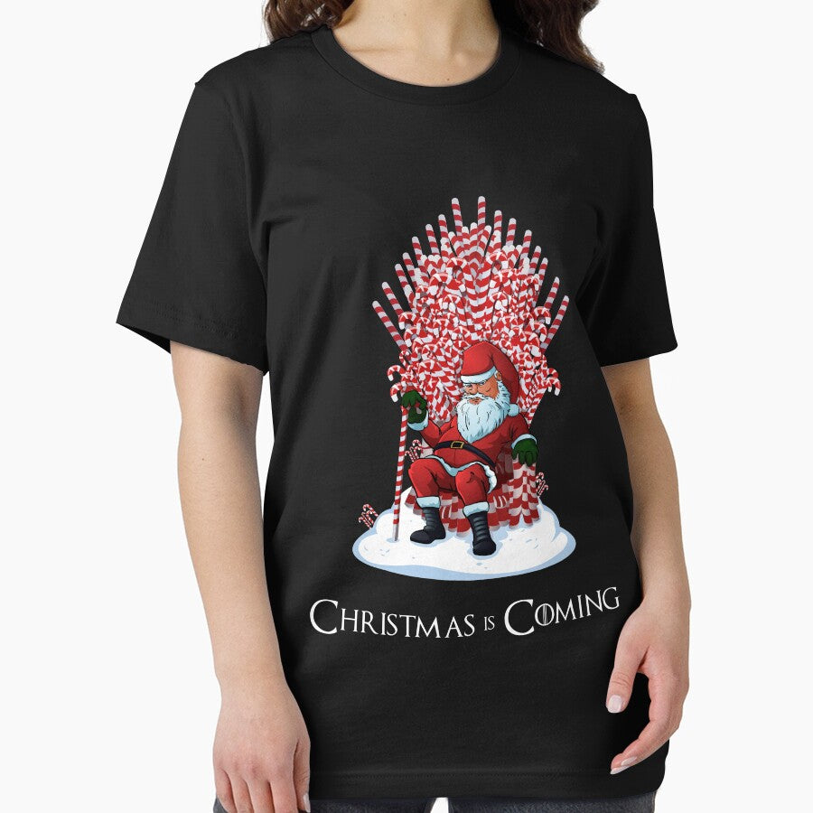 Christmas Is Coming Santa Candy Cane Throne T-Shirt by urbnduck