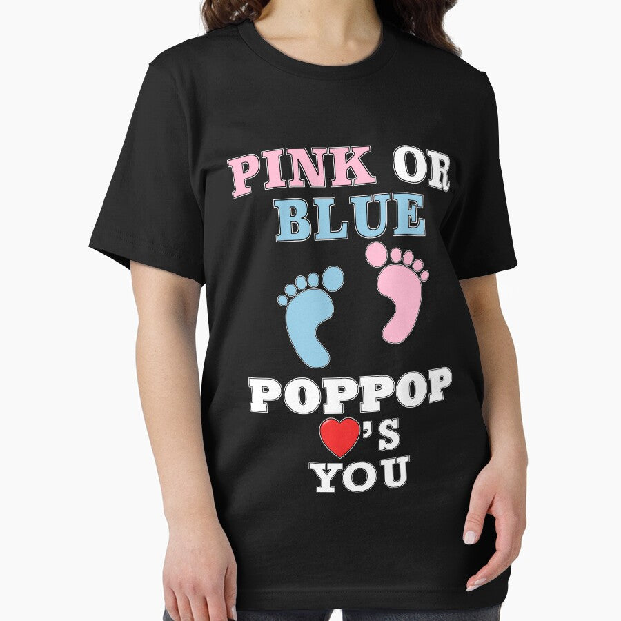 Pink Or Blue PopPop Loves You Baby Shower Heart Gender Reveal Party Mens Womens T Shirt You Baby Shower Gender Reveal Party Mens Womens T Shirt Funny Cute Gift by arcadetoystore