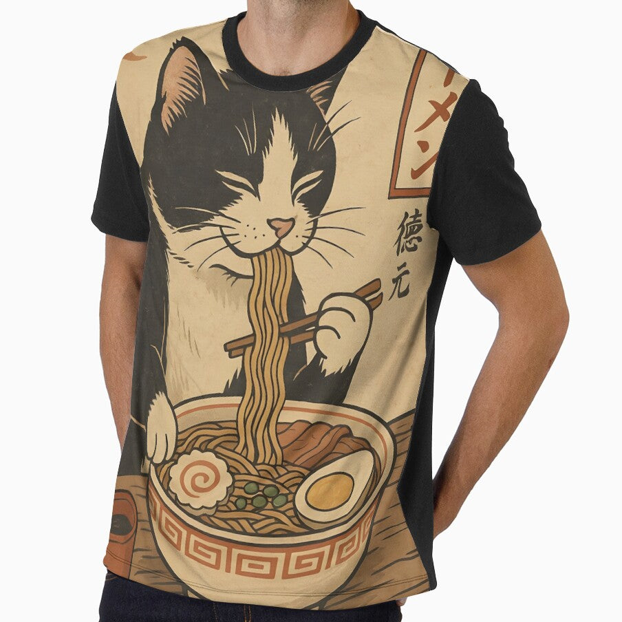 Cute Tuxedo Cat Enjoying Ramen – Vintage Japanese Style Illustration by SchultzWaltons