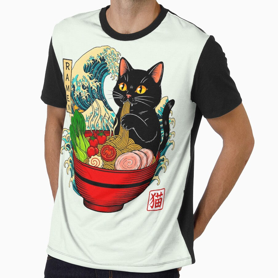 Cat Eating Ramen Noodles, Kawaii Black Cat, Japanese Art by wesdesignshop