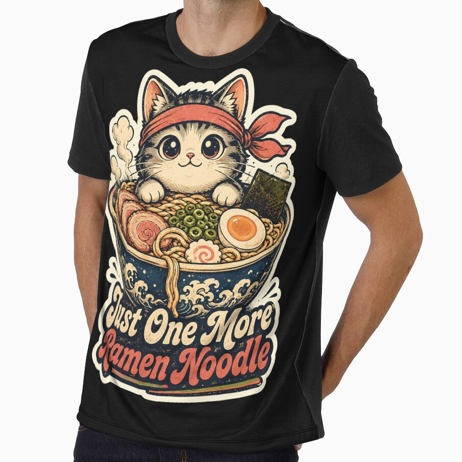 Just One More Ramen Noodle Kawaii Cat Vintage Art by Retro Rascals Co.