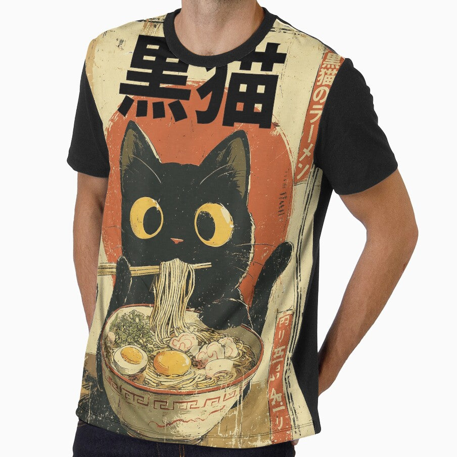 Kawaii Black Cat Ramen Noodle Lover Japanese Vintage Art by Bongocomic