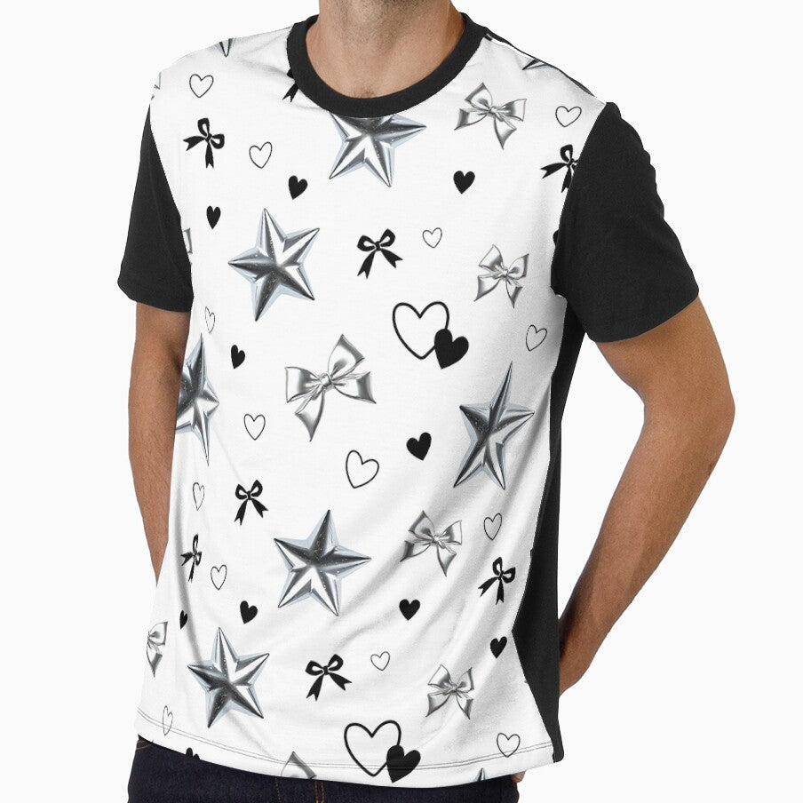 Cyber Y2K Metallic Star Ribbon Monochrome Repeating Pattern by LoviqueLab
