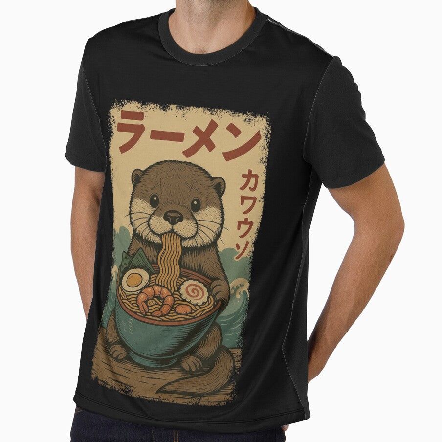 Cute Otter Ramen with Shrimp and Waves Japanese Retro Vintage Style by Damcoc