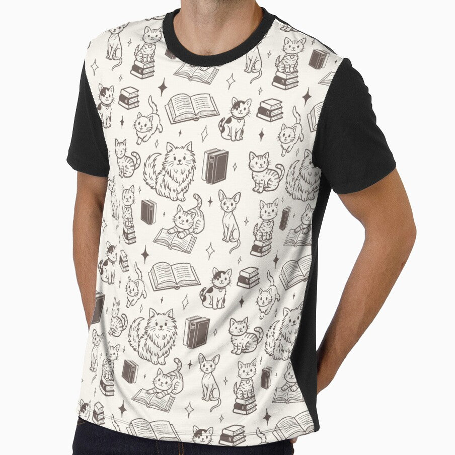 Cute Cats and Books Doodle Seamless Pattern for Book Lovers in Mocha by WildLakePatterns