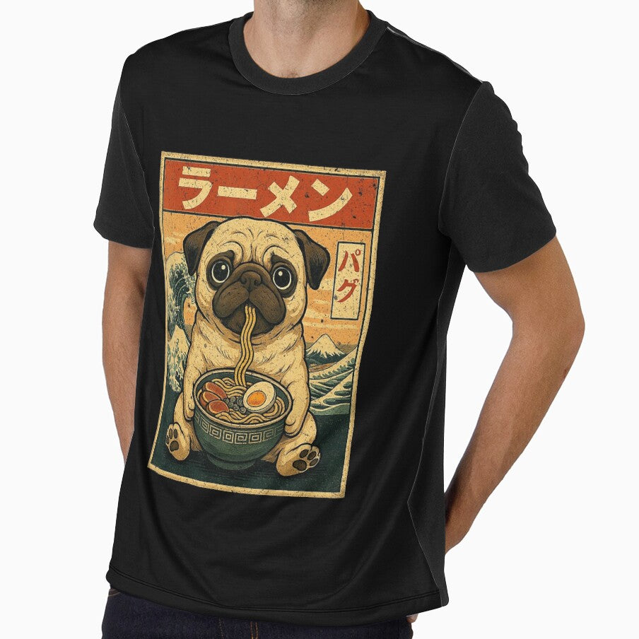 Pug Eating Ramen Cute Japanese Style Funny Dog Illustration by titanlevi