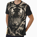 White Tiger Red Moon Mountain Gold Art | Japanese Ink Tiger Landscape Print by 3T3rnalArts