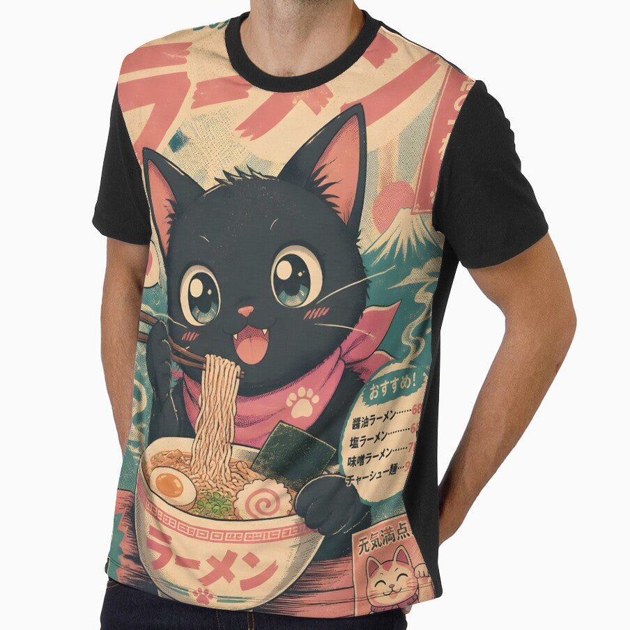 Cute Black Cat Eating Ramen Japanese Ukiyoe Vintage Kawaii by GrinGalore