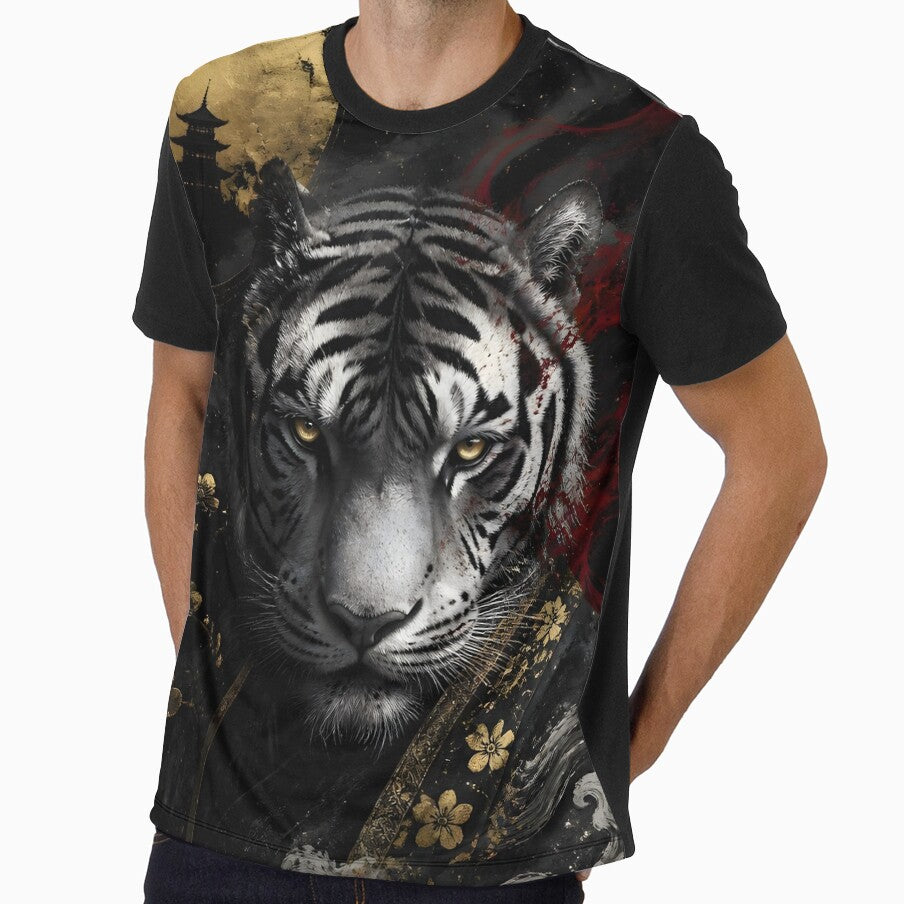 White Tiger Japanese Samurai Art | Gold Pagoda Dark Tiger Print by 3T3rnalArts