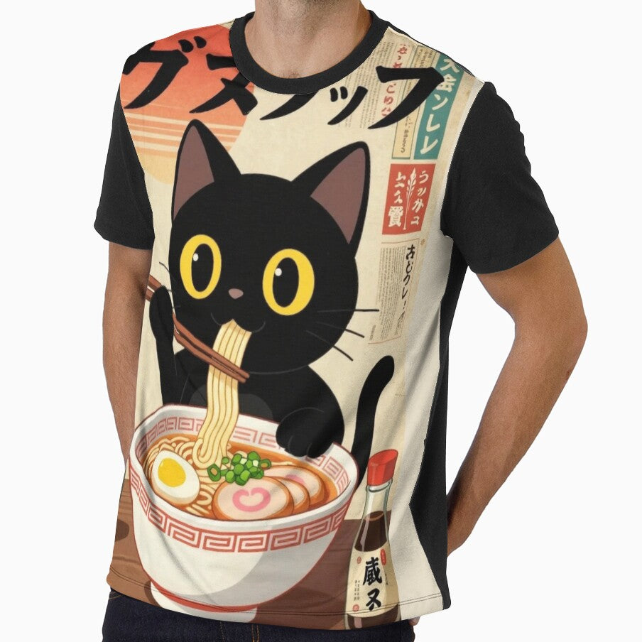 Vintage Black Cat Eating Ramen Poster – Kawaii Japanese Noodle Art Graphic by BLUESKY11a