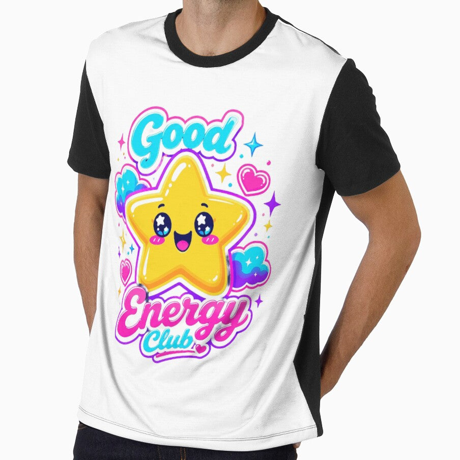 Good Energy Club Kawaii Star T-Shirt & Sticker – Neon Positive Vibes Gift for Kawaii Fans, Gamers & Self-Care Lovers by GemBob Creations