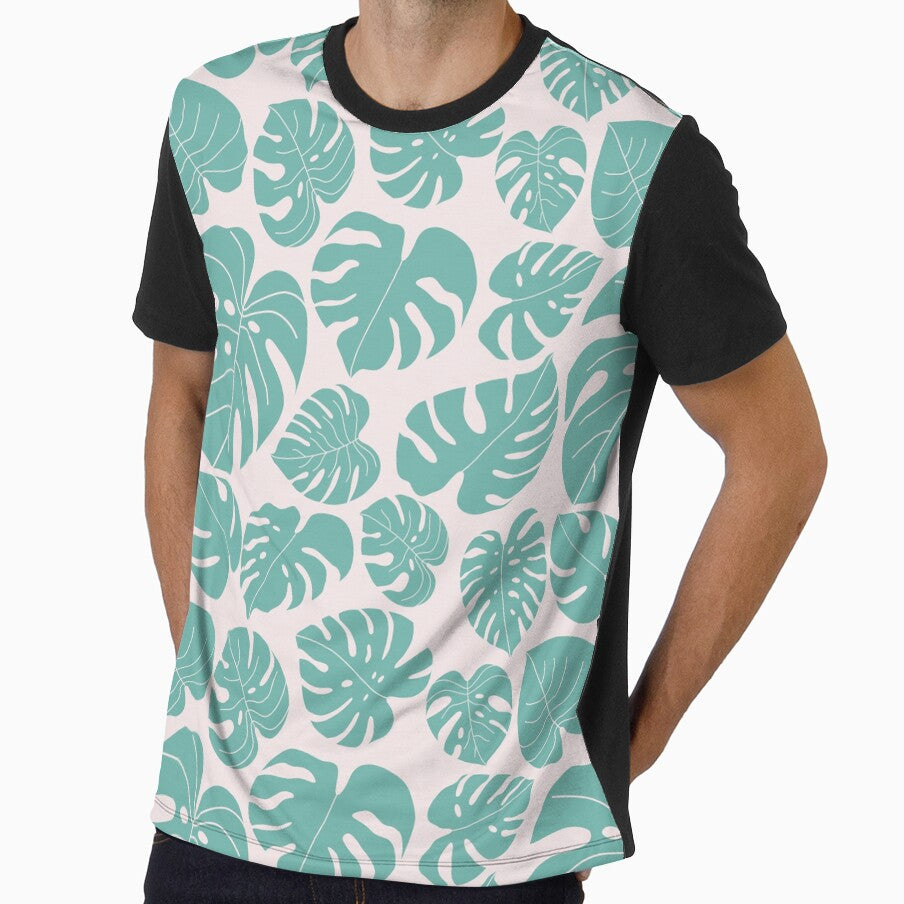 Green and Light Pink Monstera Leaves Bold Pattern by winterpumpkin