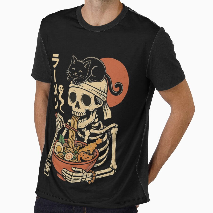 Samurai Skeleton Slurping Ramen with Black Cat & Moon Japanese Retro Noodle Art Vintage Style by Damcoc