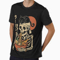 Samurai Skeleton Slurping Ramen with Black Cat & Moon Japanese Retro Noodle Art Vintage Style by Damcoc