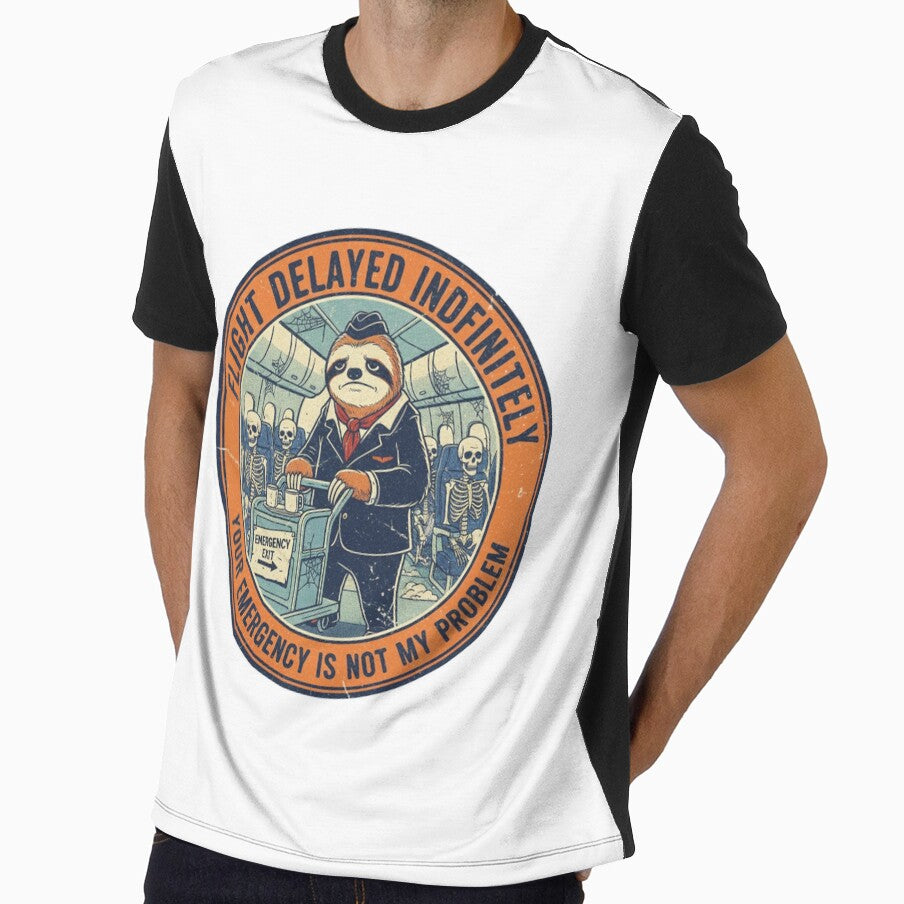 Funny Sloth Flight Attendant – Delayed Indefinitely Travel Humor 90s Vintage Graphic by FakeJoo