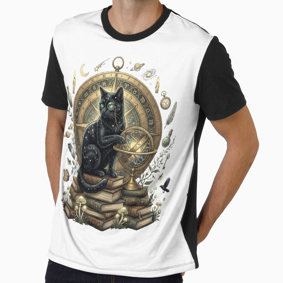 Celestial Black Cat Astronomer T-Shirt | Dark Academia Botanical Graphic Tee | Vintage Alchemy Moon Shirt | Mystical Gothic Cat Gift by Cavalier-org