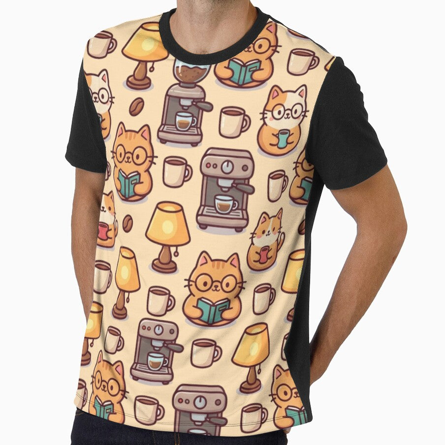 Barista Cat & Books Seamless Pattern - Coffee Lover Library Decor by HappySproutArt