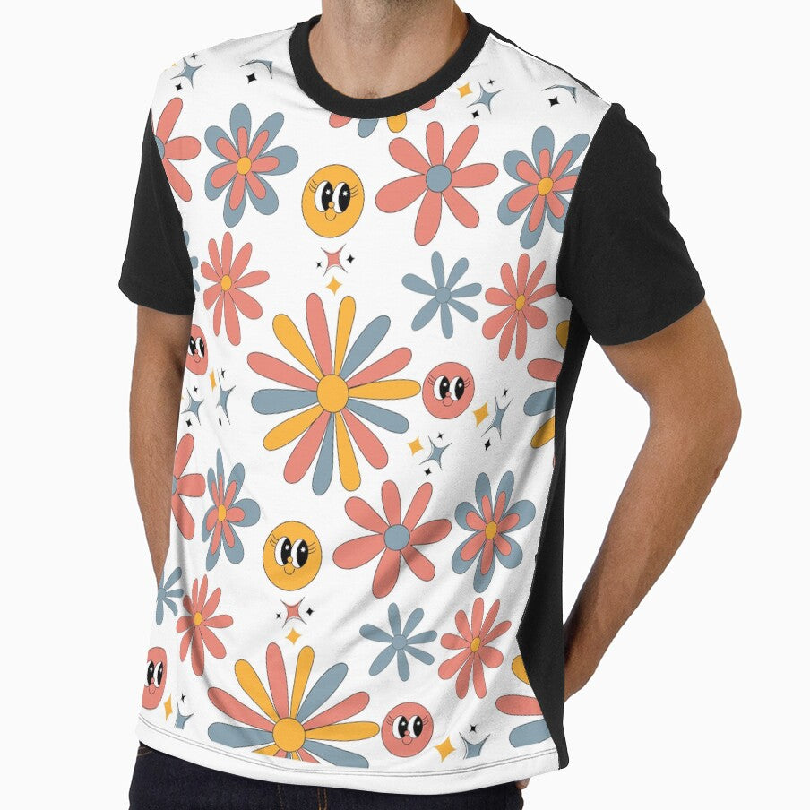 Kawaii Retro Flower Power Pattern – Groovy Daisies with Cute Faces & Sparkles by HastyHouse