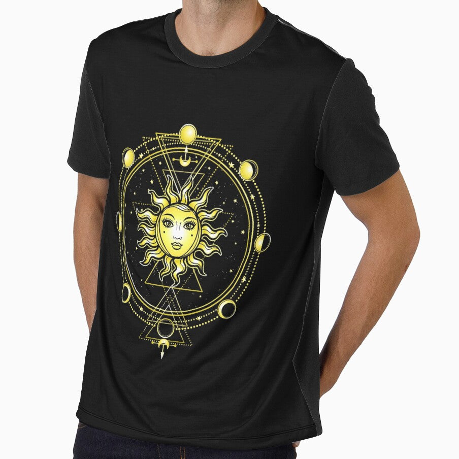 Mystical drawing: the sun with a human face, sacred geometry, phases of the moon. Esoteric, mysticism, occultism. Print, poster, t-shirt, card. by YanaZvereva