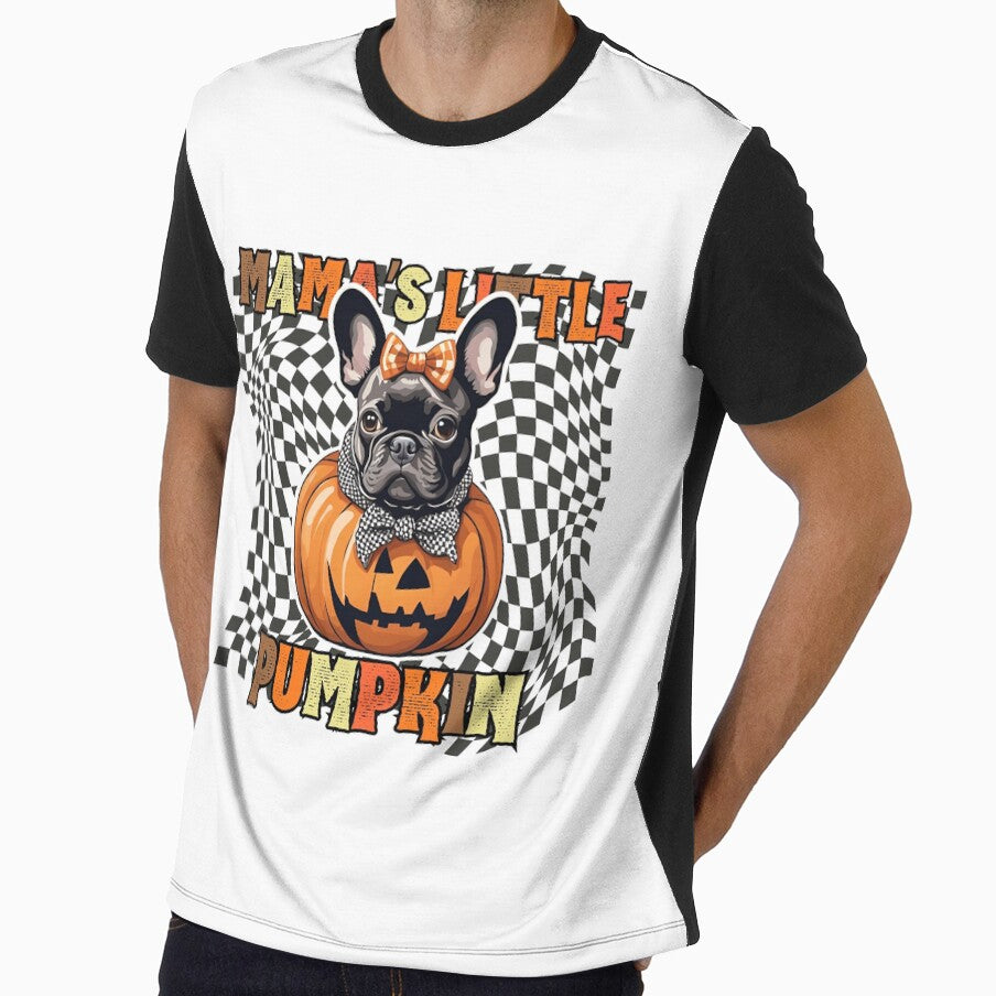 "Mama's Little Pumpkin" - French Bulldog Sitting in Halloween Pumpkin with Checkered Background by GoodyPaws
