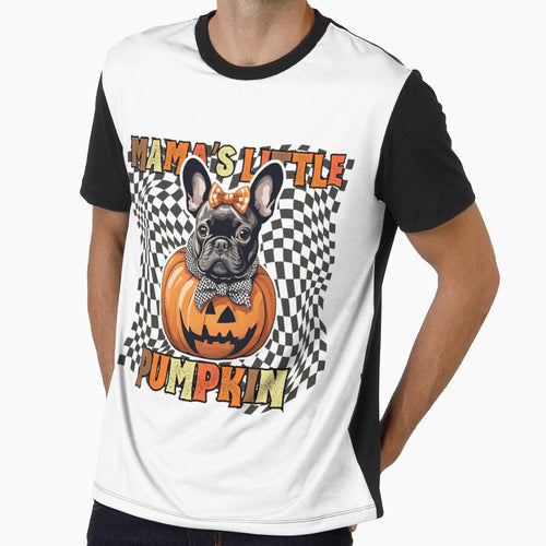 "Mama's Little Pumpkin" - French Bulldog Sitting in Halloween Pumpkin with Checkered Background by GoodyPaws